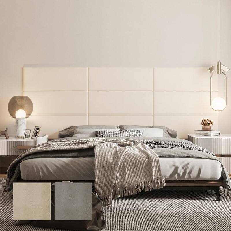 Front. wowmax - Peel & Stick Faux Leather Headboard - Waterproof 3D Wall Panel for Queen Bed, 35.4x11.8", Beige (9-Pack) - Beige.