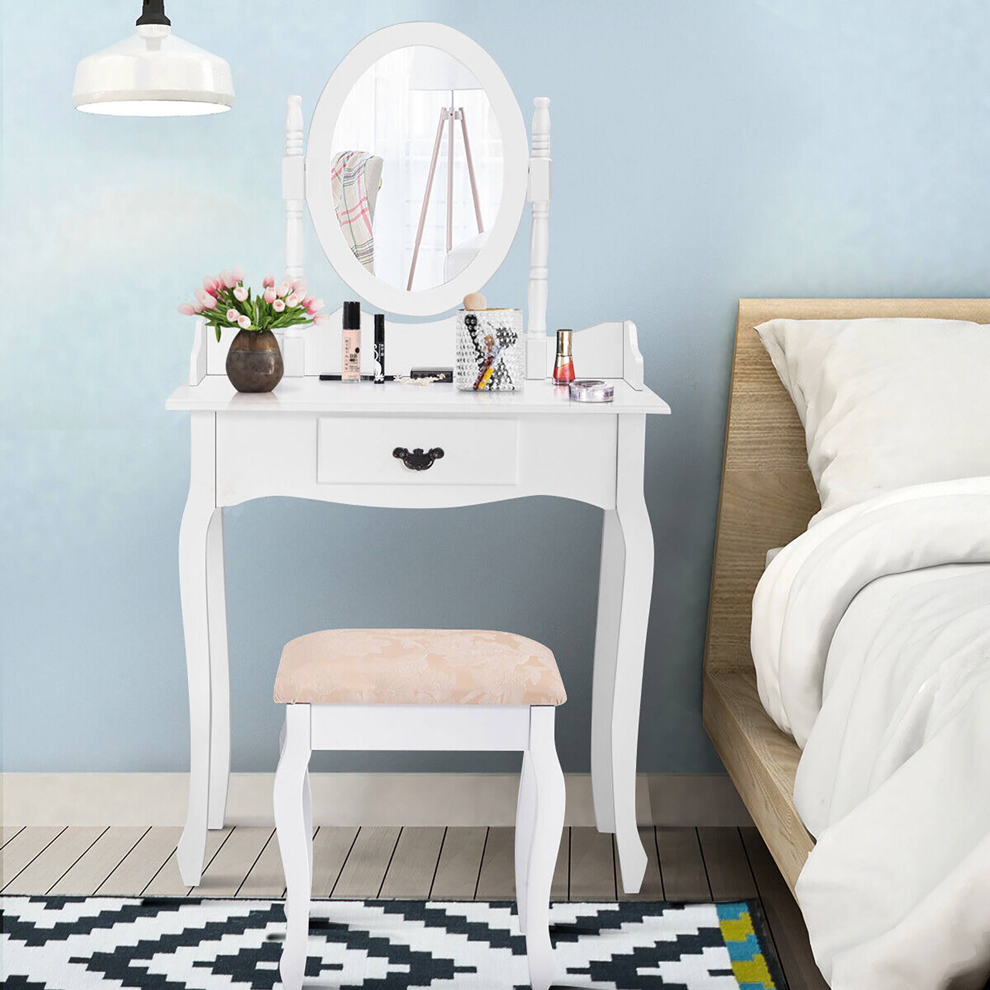 Alt View 4. Gymax - Gymax Vanity Wood Makeup Dressing Table Stool Set w/ Drawer & Mirror Jewelry Desk White - White.