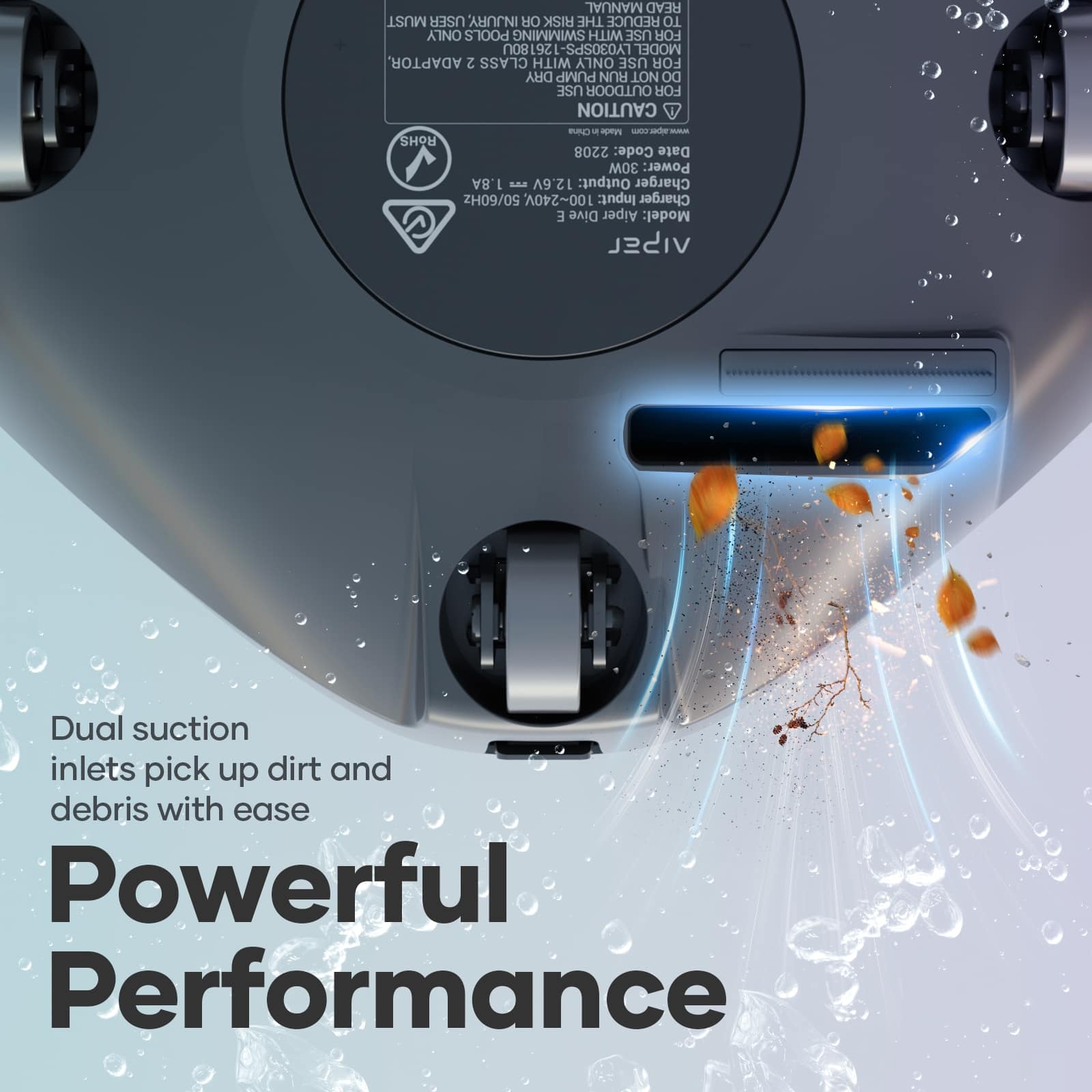 The image features a powerful performance diving gadget, which is designed to be used in pools for diving and swimming. The gadget is made in China and has a 2208 code. It is a dual suction inlet device that picks up dirt and debris with ease. The gadget is powered by a 1.8A charger with an output of 12.6V, and it can be used with a 100-240V input. The image also includes a manual that emphasizes the importance of using the gadget only in pools and not outdoors to reduce the risk of injury or risk.