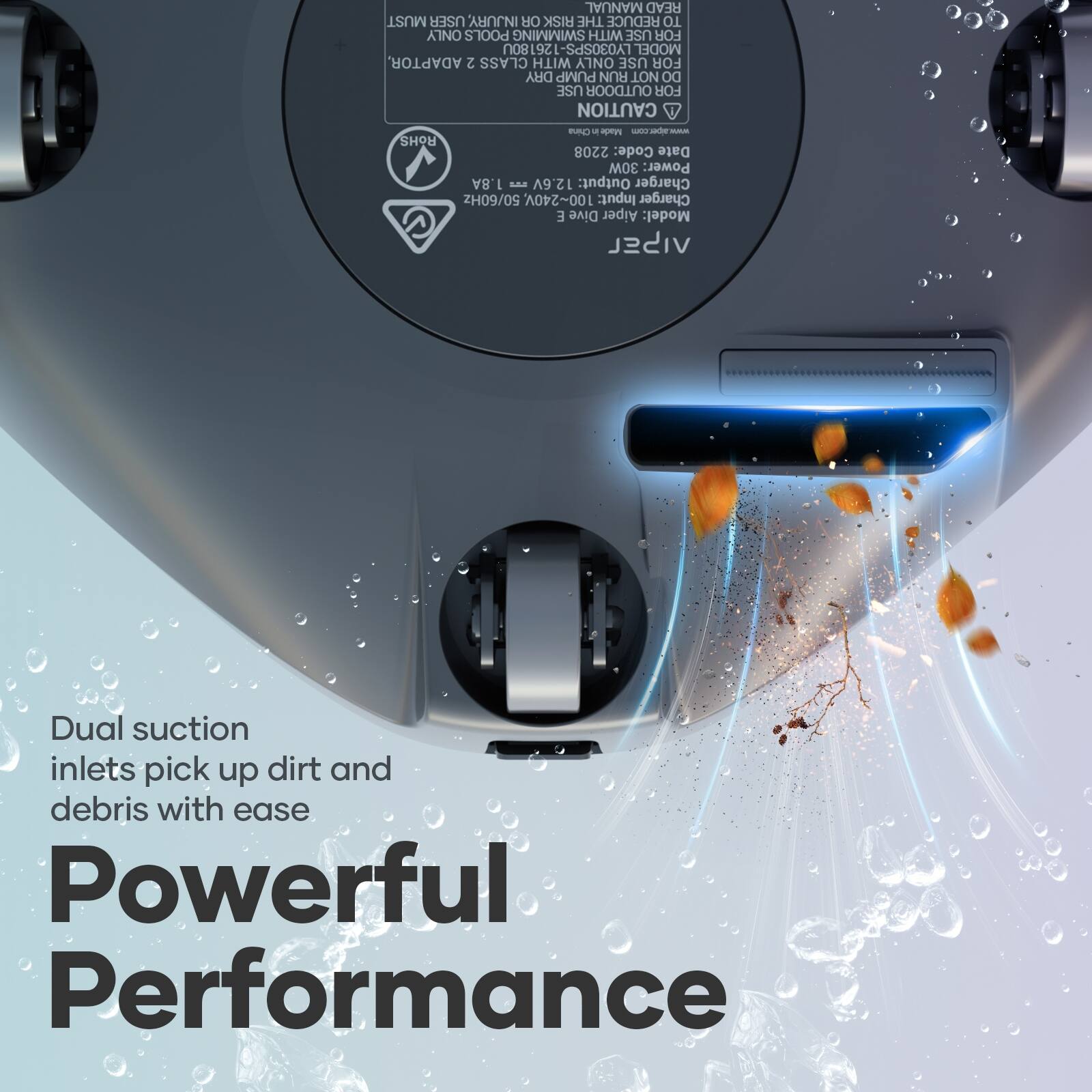 The image features a powerful performance diving gadget, which is designed to be used in pools for diving and swimming. The gadget is made in China and has a 2208 code. It is a dual suction inlet device that picks up dirt and debris with ease. The gadget is powered by a 1.8A charger with an output of 12.6V, and it can be used with a 100-240V input. The image also includes a manual that emphasizes the importance of using the gadget only in pools and not outdoors to reduce the risk of injury or risk.