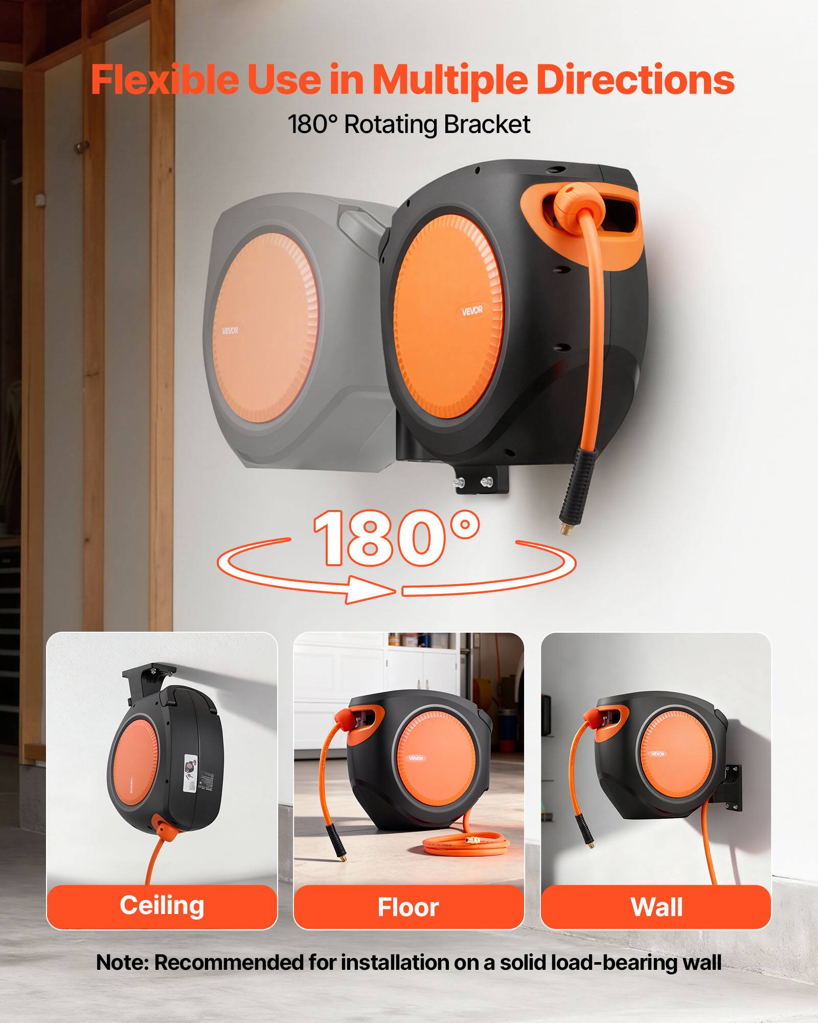 Flexible Use in Multiple Directions  
180° Rotating Bracket  

Ceiling  
Floor  
Wall  

Note: Recommended for installation on a solid load-bearing wall