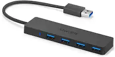 Front. Anker - 4-Port USB 3.0 Hub, Ultra-Slim Data USB Hub with 0.7 ft Extended Cable - Black.