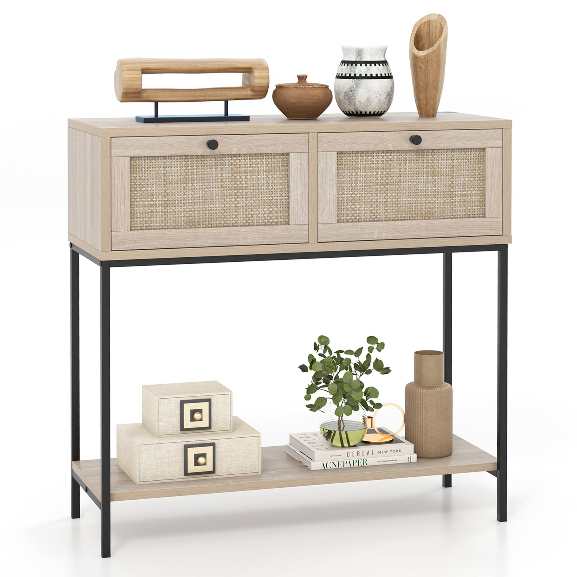Gymax - Console Table Entryway Table Long Sofa Side Table w/ Open Shelf & Rattan Drawers - Oak