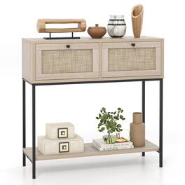Gymax - Console Table Entryway Table Long Sofa Side Table w/ Open Shelf & Rattan Drawers - Oak