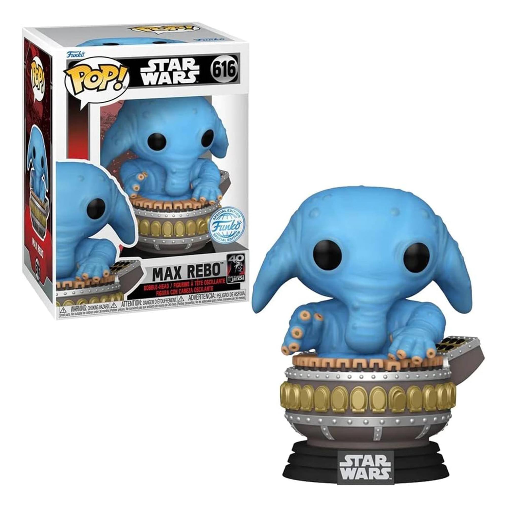 Sure, here is the corrected and grouped text from the image:

---

**Funko Pop!**

**Star Wars 616**

**Max Rebo**

**40th Anniversary**

**40**

**Max Rebo - Figure with Swivel Head**

**WARNING: CHOKING HAZARD - Small parts. Not for children under 3 years.**

**ATTENTION: DANGER DE CHOKING - Petite pièce. Ne convient pas aux enfants de moins de 3 ans.**

**ADVERTENCIA: PEQUEÑOS PIEZAS. NO ES APTO PARA MENORES DE 3 AÑOS.**

**Oscillante**

**Figure with Swivel Head**

**Figure avec Tête Oscillante**

**Figura con Cabeza Oscilante**

**STAR WARS**

---