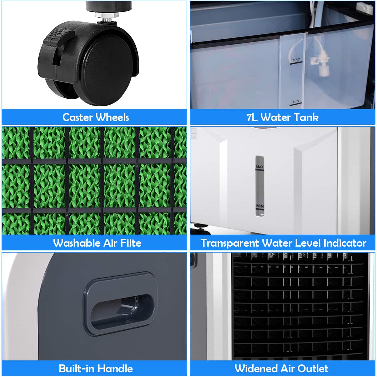 Group:
* Caster Wheels
* 7L Water Tank
* Washable Air Filter
* Transparent Water Level Indicator
* Built-in Handle
* Widened Air Outlet
Corrected text:
* Caster Wheels
* 7L Water Tank
* Washable Air Filter
* Transparent Water Level Indicator
* Built-in Handle
* Widened Air Outlet