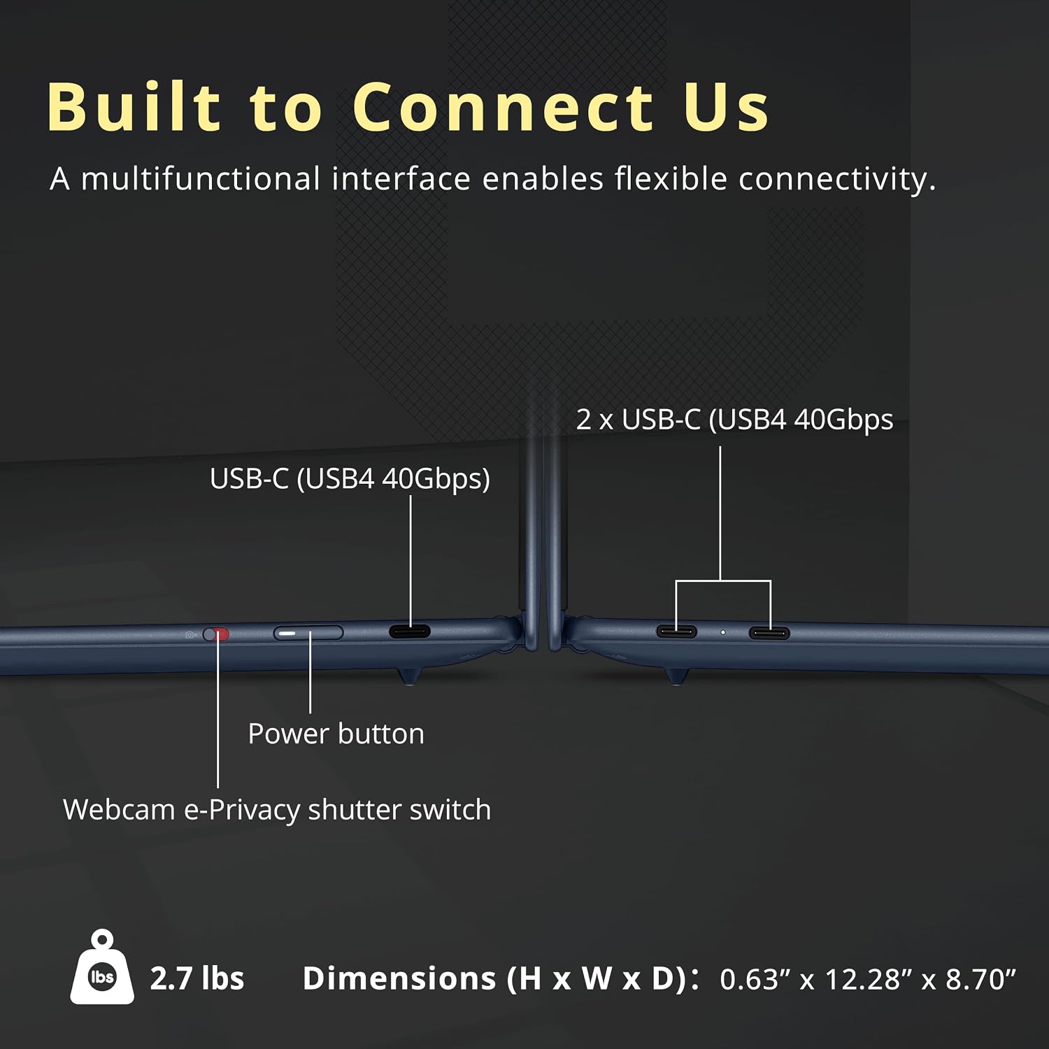 Built to Connect Us  
A multifunctional interface enables flexible connectivity.  
2 x USB-C (USB4 40Gbps)  
USB-C (USB4 40Gbps)  
Power button  
Webcam e-Privacy shutter switch  
2.7 lbs  
Dimensions (H x W x D): 0.63" x 12.28" x 8.70"