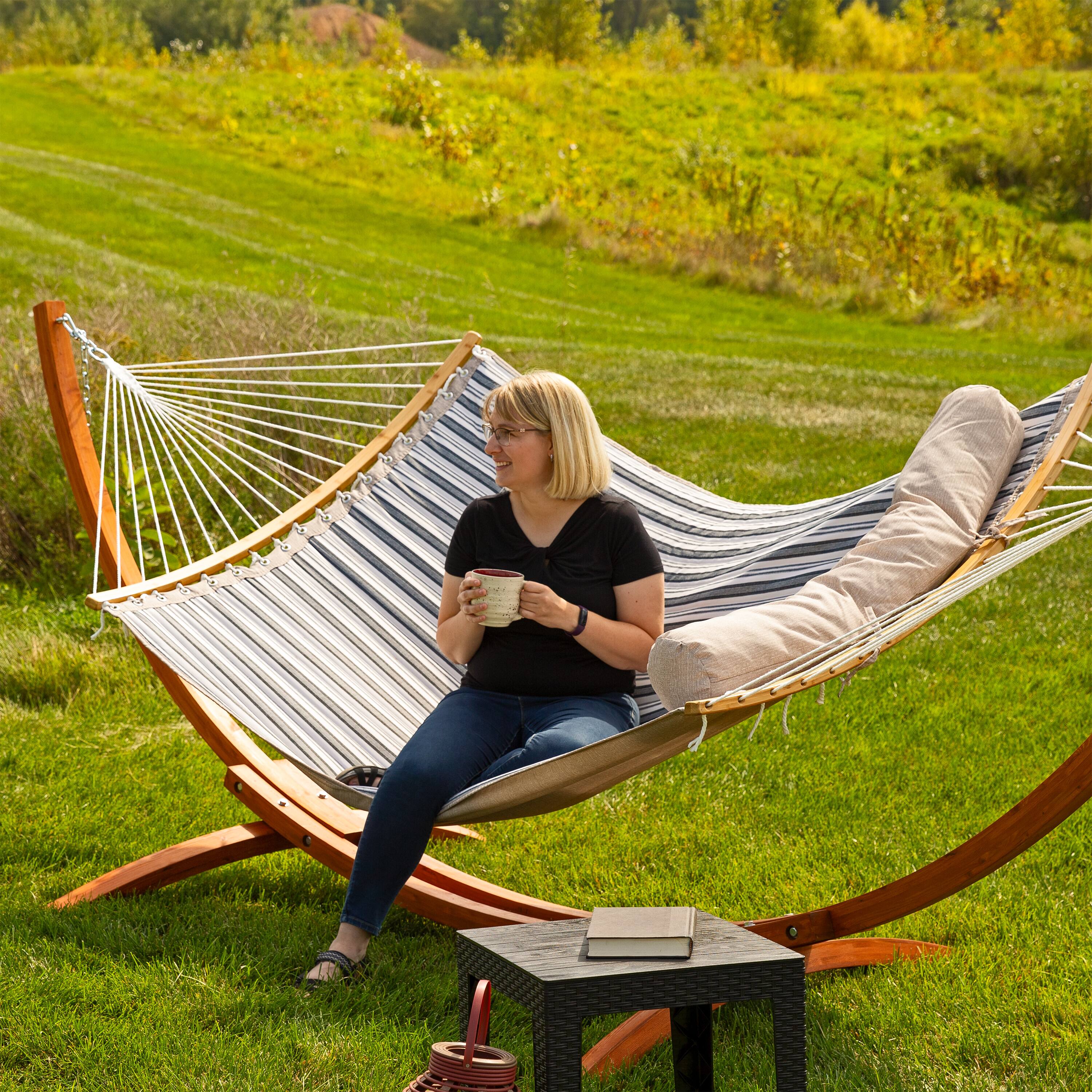Alt View 9. Sunnydaze - Quilted Hammock with Curved Spreader Bar - Neutral Stripe.