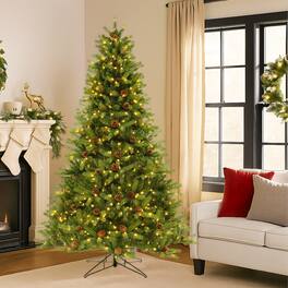 BreeBe - 6/7 FT Artificial Tree with Pine Cones & Adjustable Light Brightness - Green