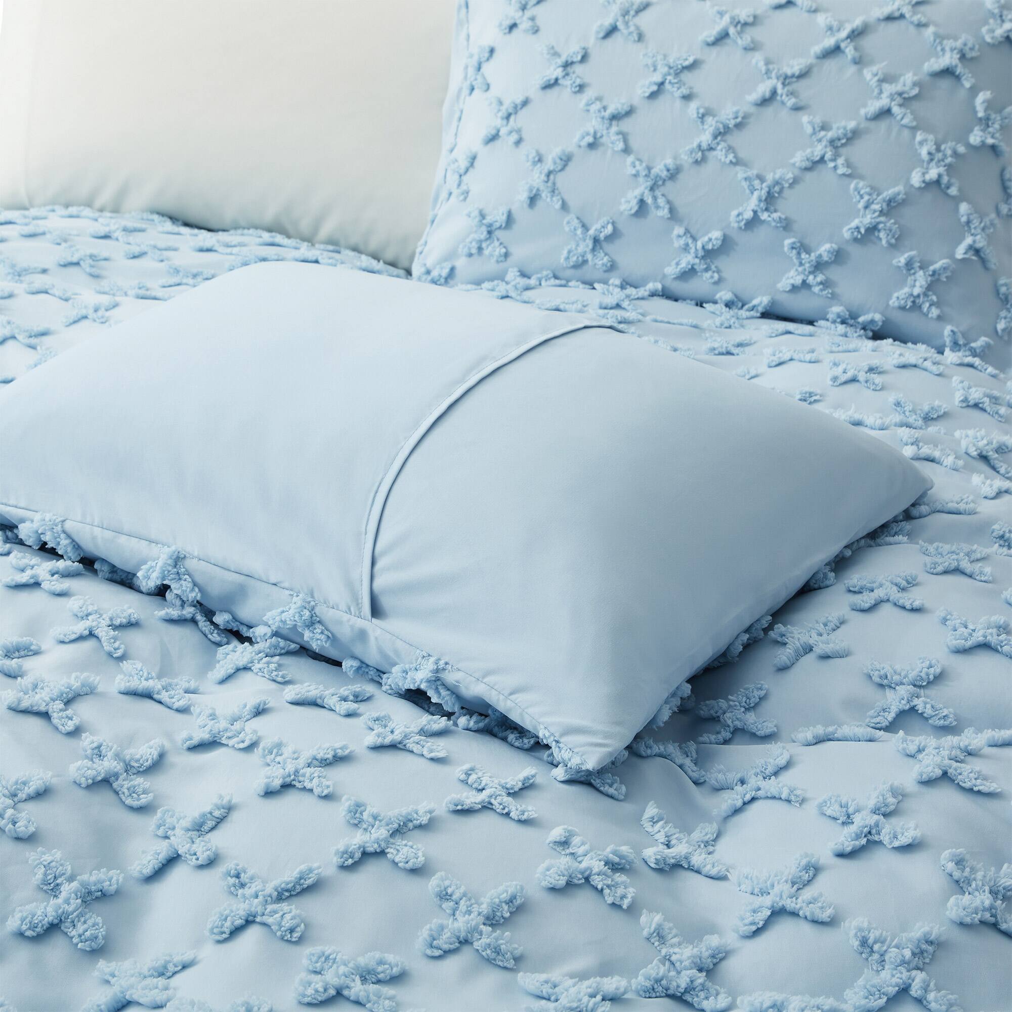 Back. Peace Nest - Peace Nest Microfiber Tufted Clipped Duvet Cover Set with Stripe Pattern - Cross Blue.