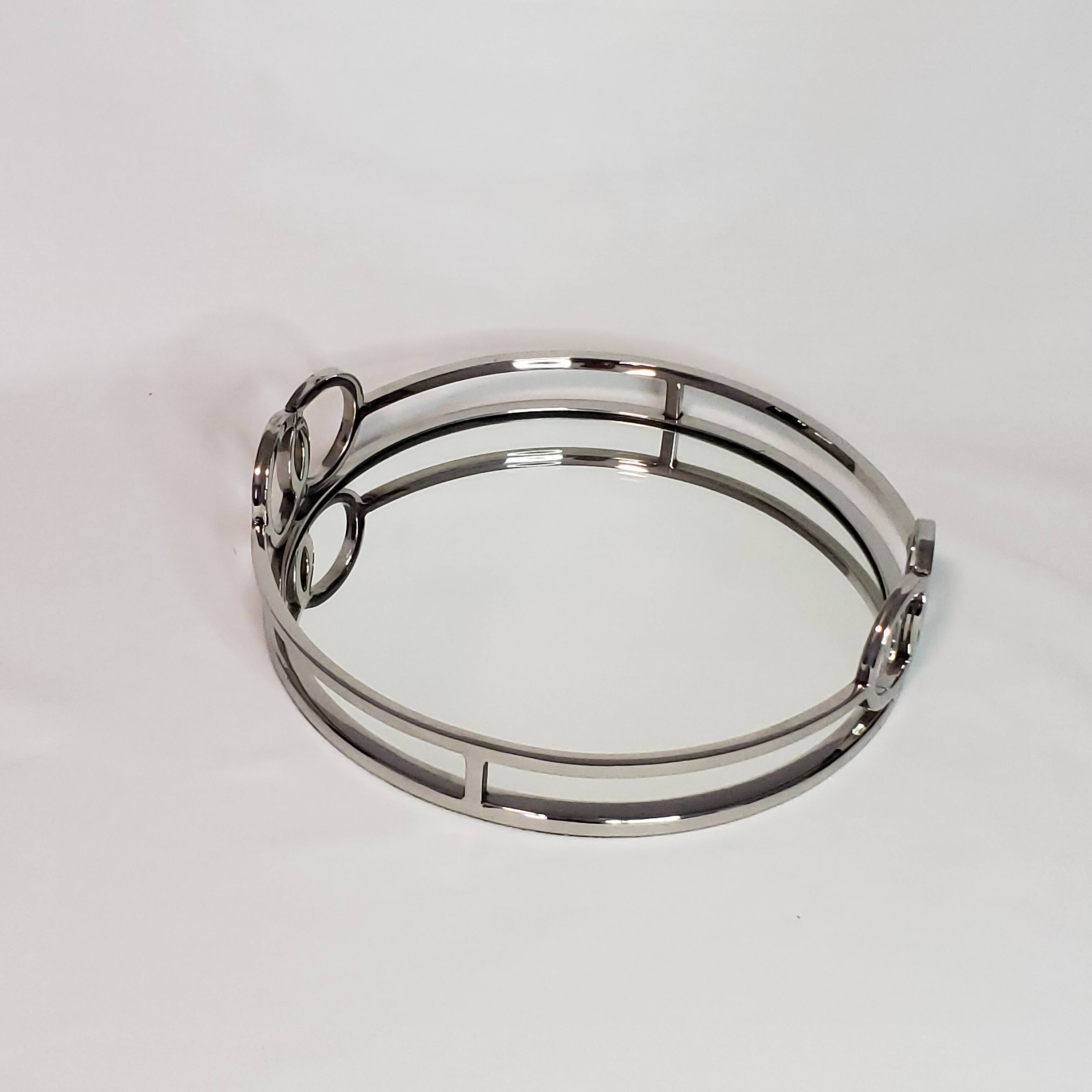 Left. Jiallo - Luxury Silver Stainless Steel Round vanity tray with mirror 11" - Silver.