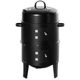 Outsunny - Vertical Charcoal BBQ Smoker, 3-in-1 16" Round Charcoal Barbecue Grill with 2 Cooking Area, and Thermometer - Black
