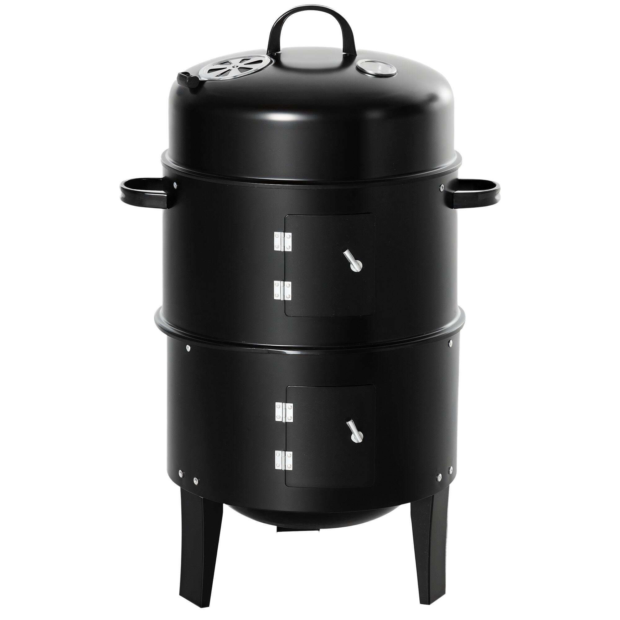 Front. Outsunny - Vertical Charcoal BBQ Smoker, 3-in-1 16" Round Charcoal Barbecue Grill with 2 Cooking Area, and Thermometer - Black.
