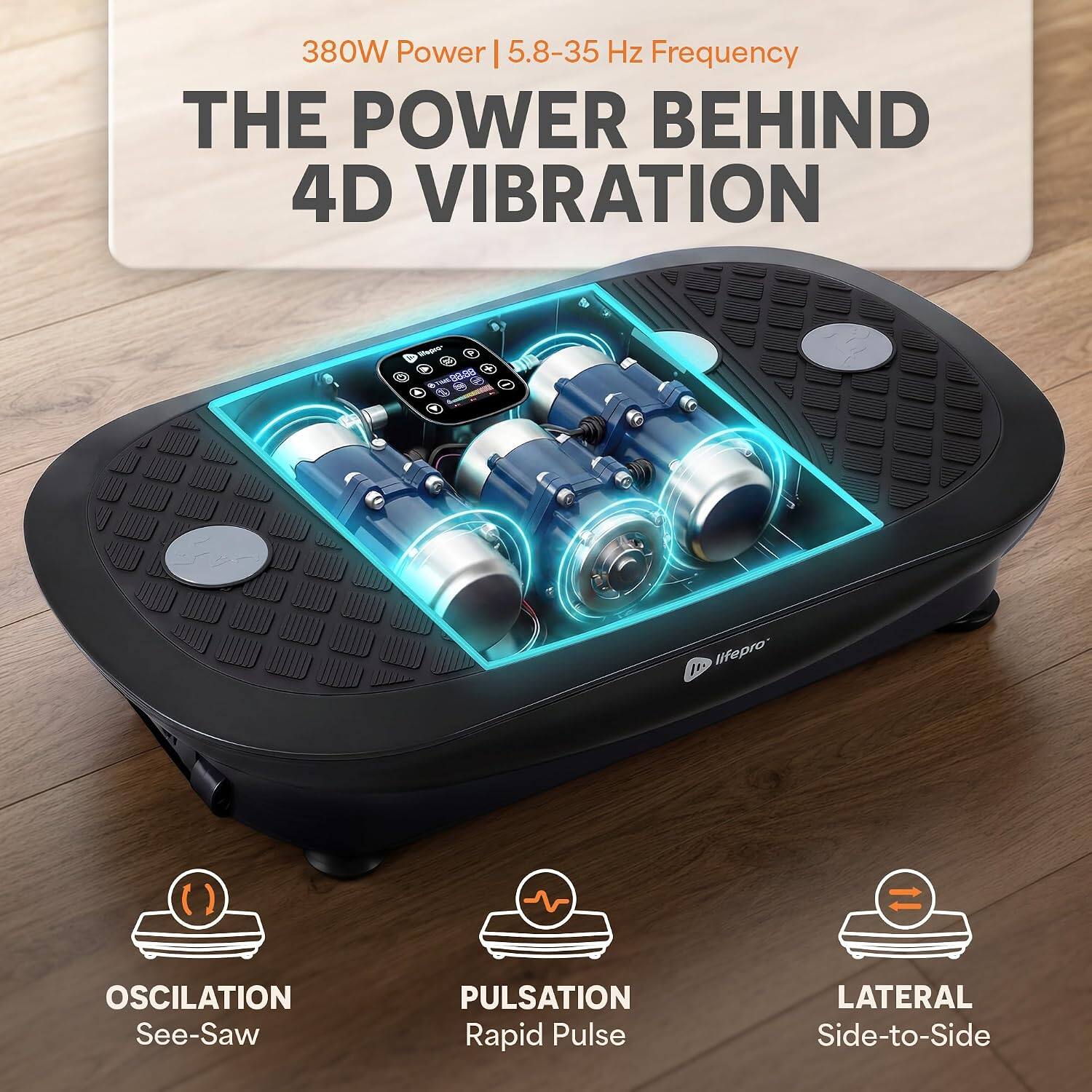 380W Power | 5.8-35 Hz Frequency  
THE POWER BEHIND 4D VIBRATION  

Media TME 88.88  
lifepro  

OSCILATION See-Saw  
PULSATION Rapid Pulse  
LATERAL Side-to-Side