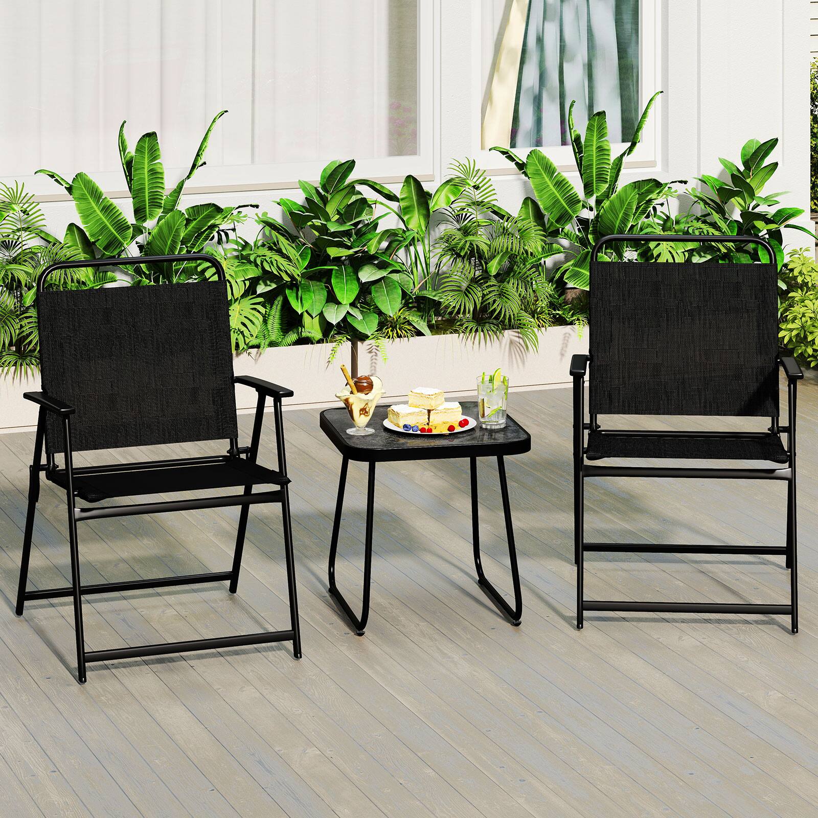 Alt View 3. Gymax - Gymax 3-Piece Patio Furniture Set Folding Fabric Chairs & Marble-Like Top Coffee Table - Black.