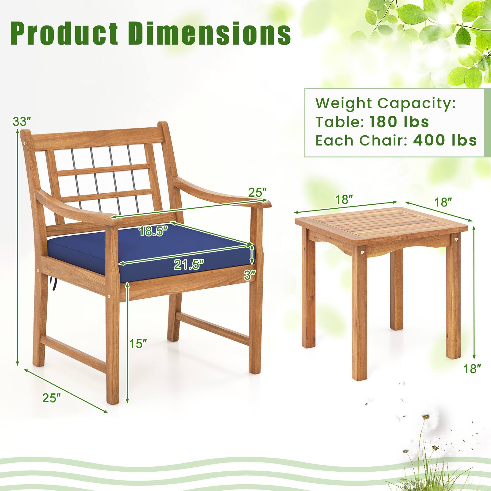 Product Dimensions:

* Weight Capacity: Table: 180 lbs
* Each Chair: 400 lbs

Measurements:

* 25"
* 18"
* 18"
* 18.5"
* 21.5"
* 3"
* 15"
* 18"
* 25"
