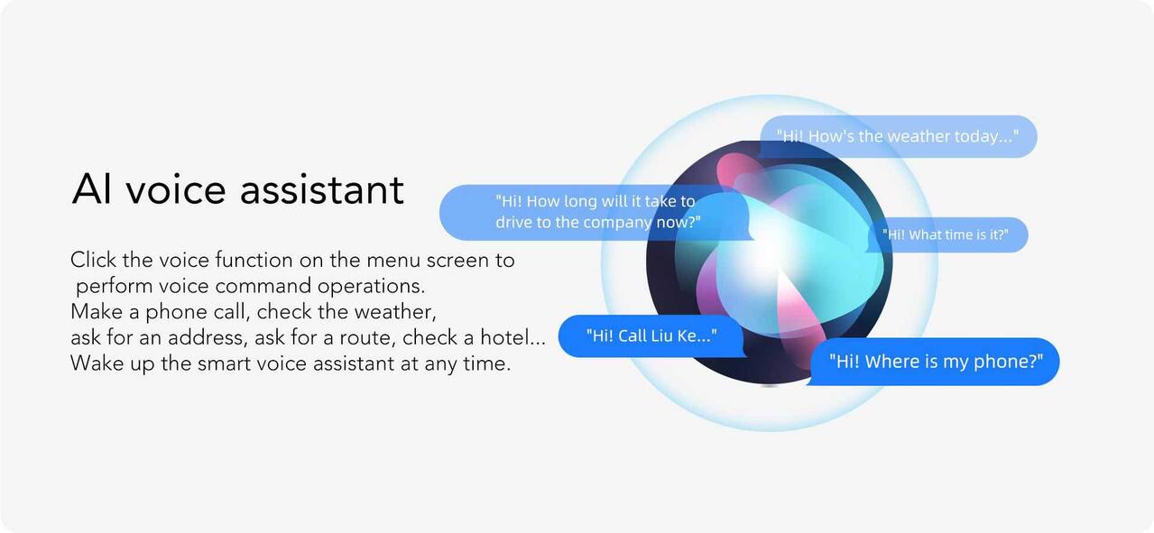 "Hi! How's the weather today..."

"Hi! How long will it take to drive to the company now?"

"Hi! Call Liu Ke..."

"Hi! What time is it?"

"Hi! Where is my phone?"