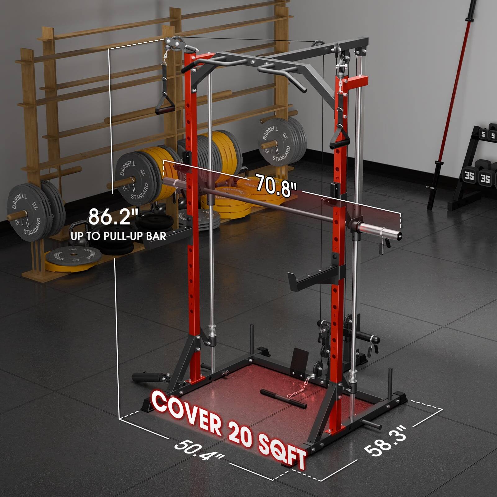 BARBELL STANDARD 86.2" UP TO PULL-UP BAR DARBELL STANDARD 70.8" COVER 20 SQFT 50.4" 58.3"