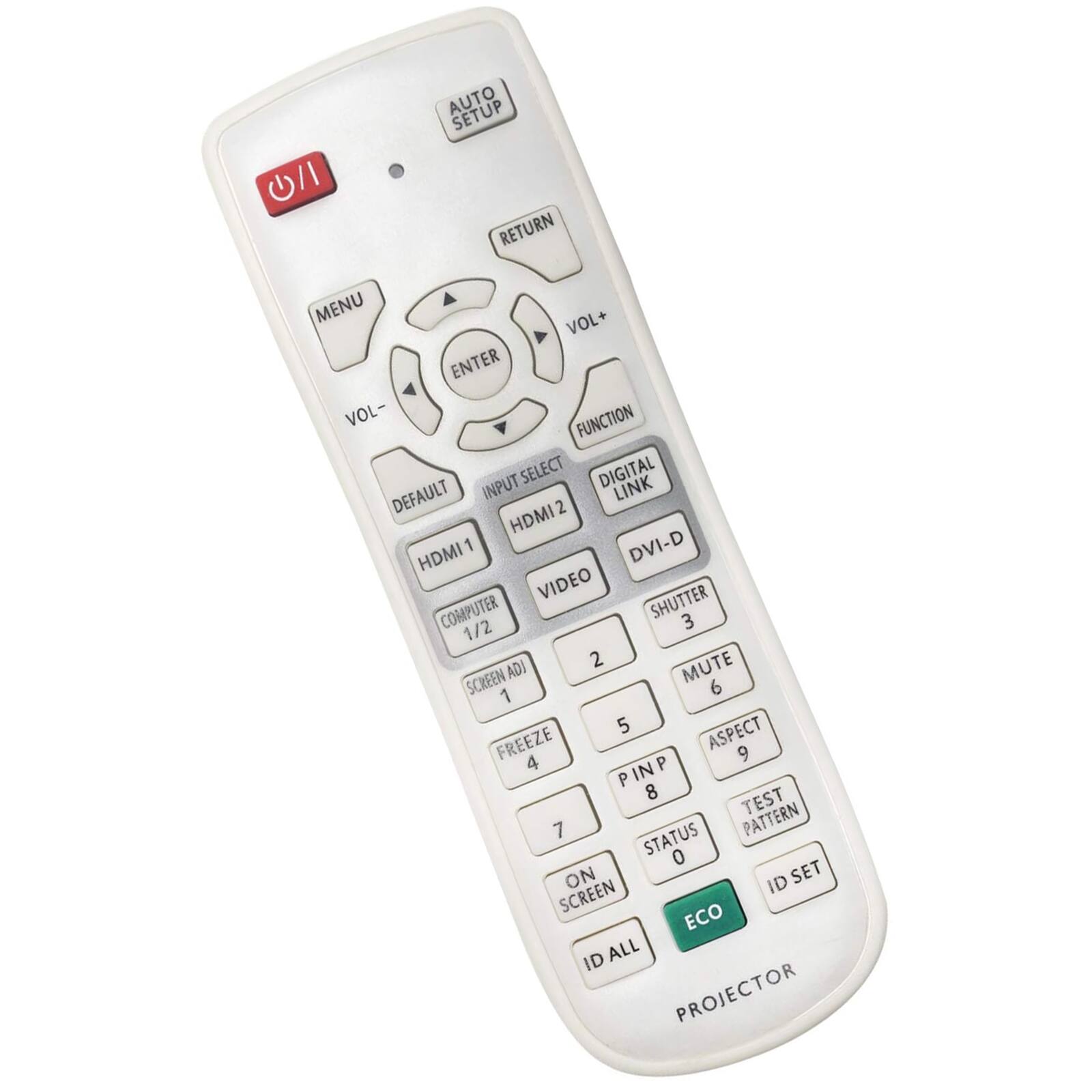 Sure, here is the corrected and grouped text from the image:

- **Top Row:**
  - AUTO SETUP

- **Left Column:**
  - MENU
  - VOL-
  - DEFAULT
  - HDMI 1
  - COMPUTER 1/2
  - SCREEN ADJ 1
  - FREEZE 4
  - ON SCREEN
  - ID ALL

- **Center Column:**
  - ENTER
  - INPUT SELECT
  - HDMI 2
  - VIDEO 2
  - PINP 5
  - STATUS 0
  - ECO

- **Right Column:**
  - VOL+
  - RETURN
  - FUNCTION
  - DIGITAL LINK
  - DVI-D
  - SHUTTER 3
  - MUTE 6
  - ASPECT 9
  - TEST PATTERN
  - ID SET

- **Bottom Row:**
  - PROJECTOR

- **Additional Labels:**
  - PNP 8
  - ASPECT 9
  - TEST PATTERN
  - ID SET
  - ECO