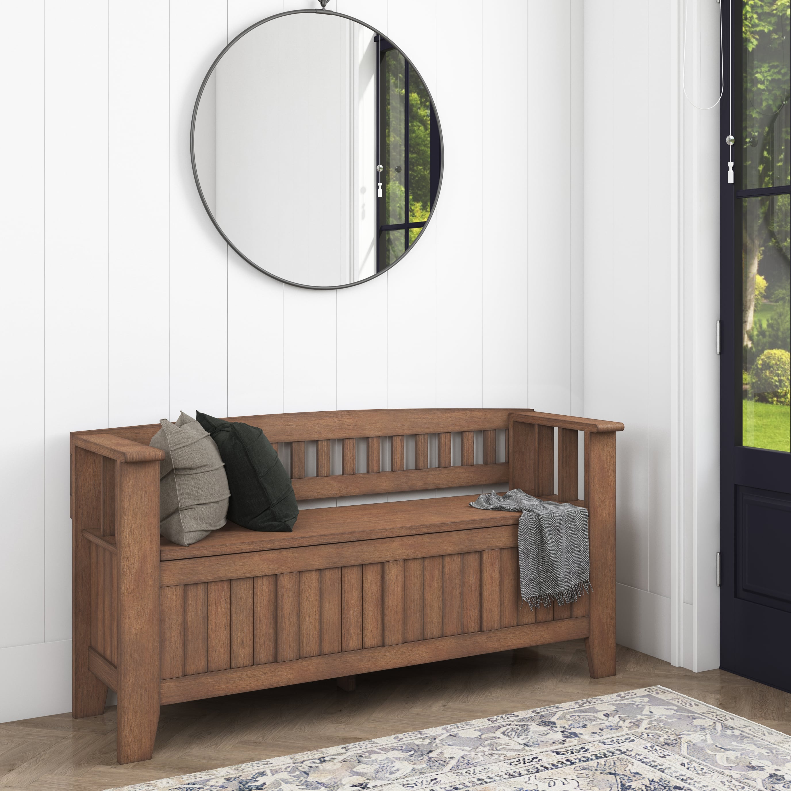 Front Zoom. Simpli Home - Acadian SOLID WOOD 48 inch Wide Transitional Entryway Storage Bench - Rustic Natural Aged Brown.