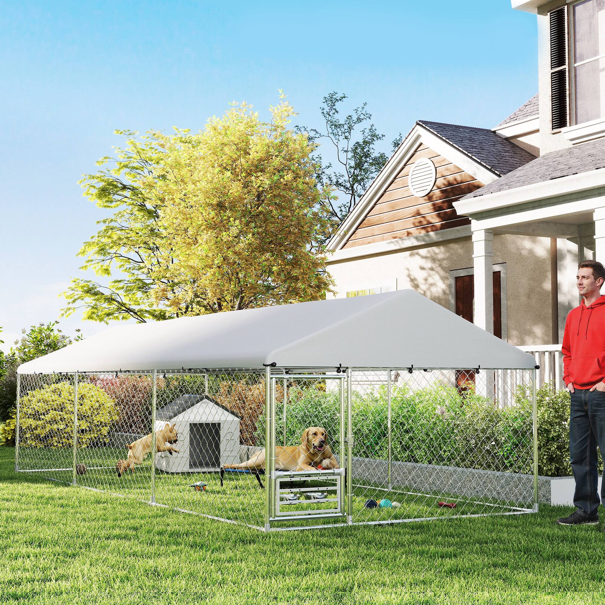Angle. Pawhut - Outdoor Dog Kennel, 19.7'x7.5'x5.2', Adjustable Bowl Rack, Waterproof Roof, Galvanized Chain Link, Secure Lock.