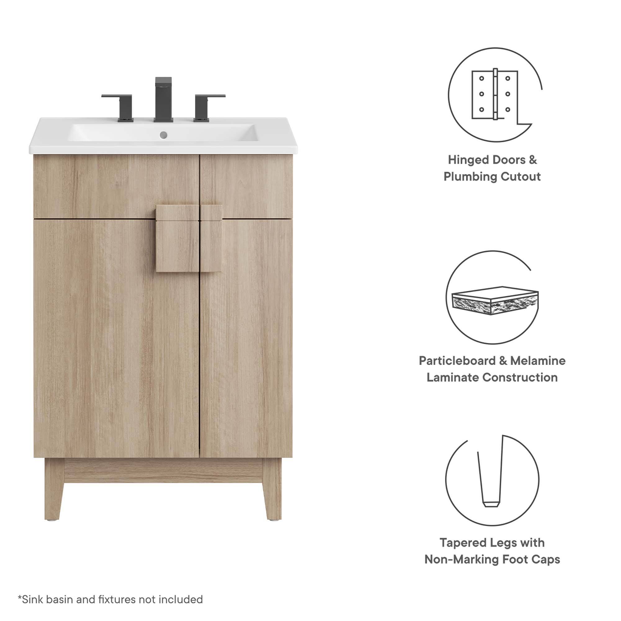 Hinged Doors & Plumbing Cutout  
Particleboard & Melamine Laminate Construction  
Tapered Legs with Non-Marking Foot Caps  

*Sink basin and fixtures not included