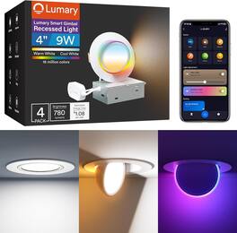 Lumary - 4" Smart Recessed Lighting Pro with RGBAI Night Light, 270°+90° Adjustable, CCT Main Light, App/Voice Control 4 Pack - White