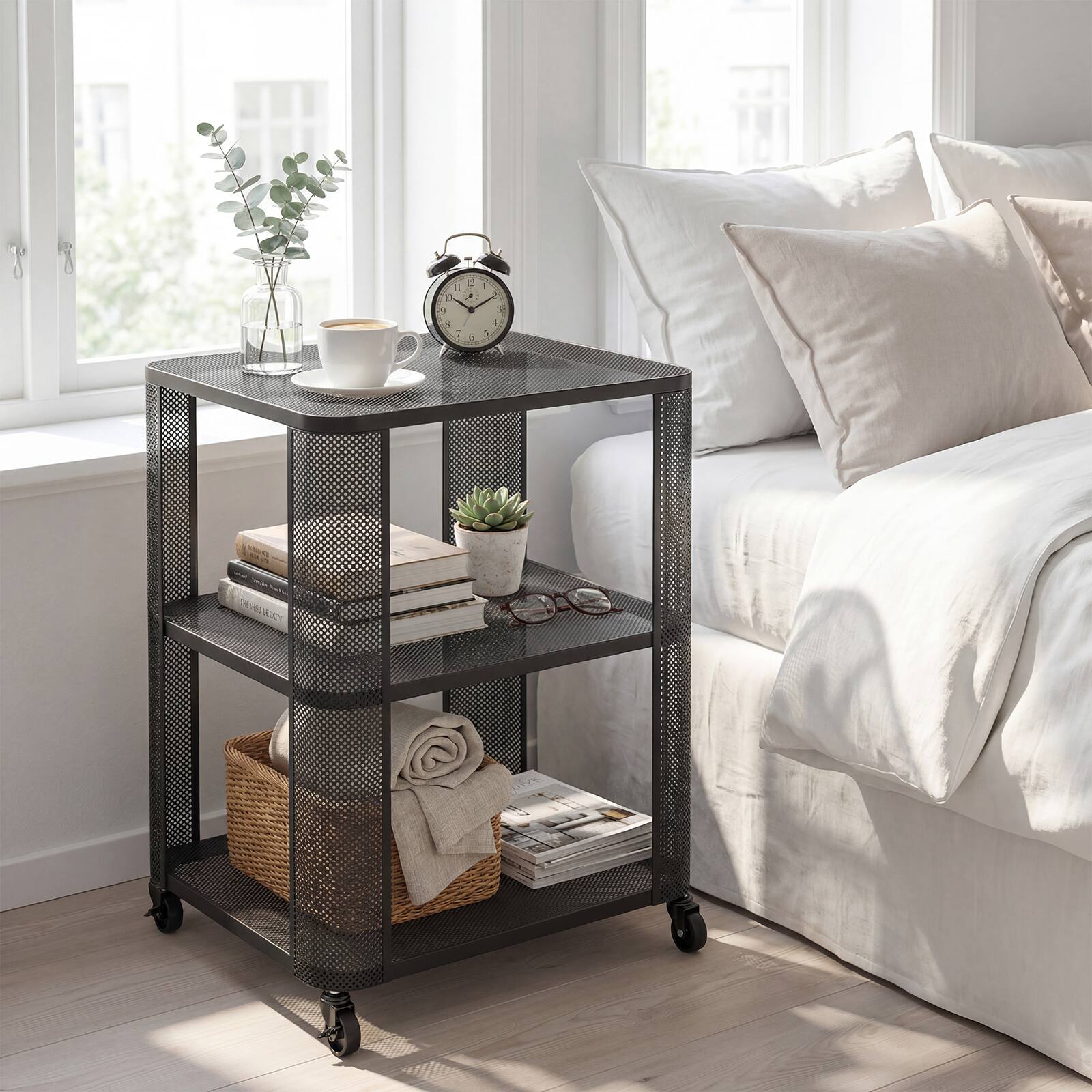 Alt View 1. Gymax - Gymax 3-Tier End Table w/Wheels Rolling Side Table w/Open Storage Shelves Metal Frame - Black.