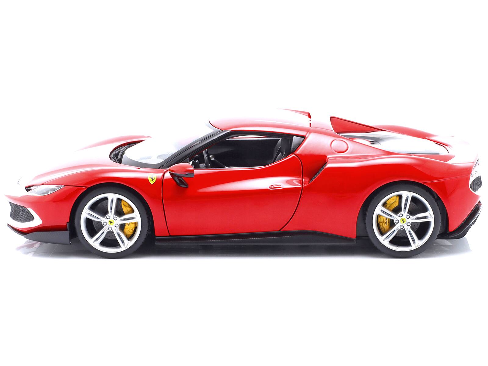 Left. Bburago - Ferrari 296 GTB Assetto Fiorano Red with White Stripes "Race + Play" Series 1/18 Diecast Model Car by Bburago - Red with White.