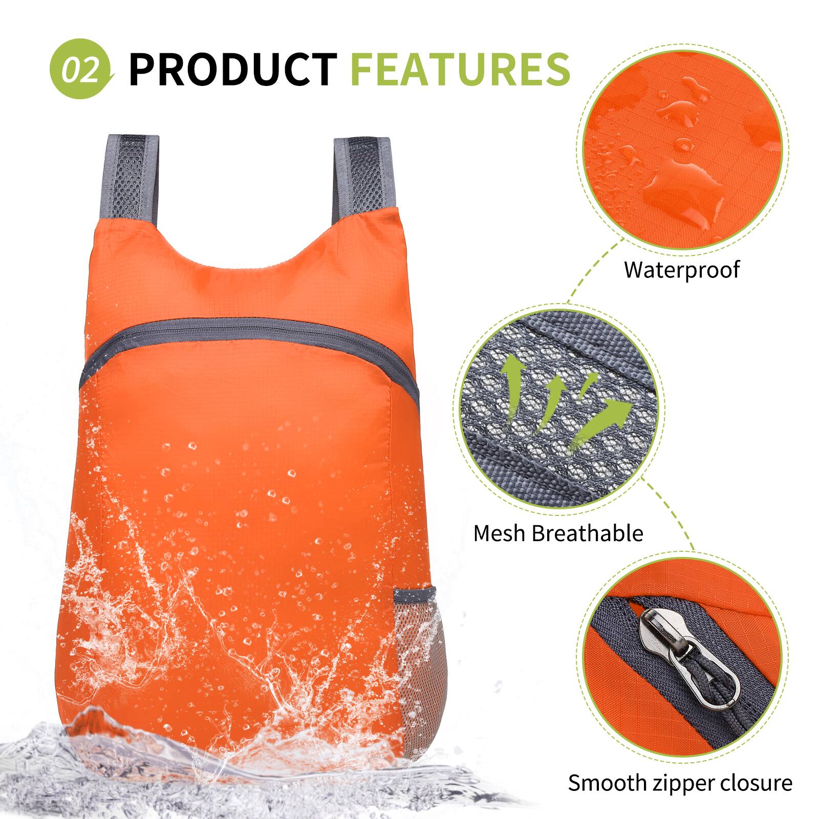02 PRODUCT FEATURES

- Waterproof
- Mesh Breathable
- Smooth zipper closure