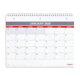 Staples - 2026 11" x 8" Monthly Wall Calendar - White/Red/Gray