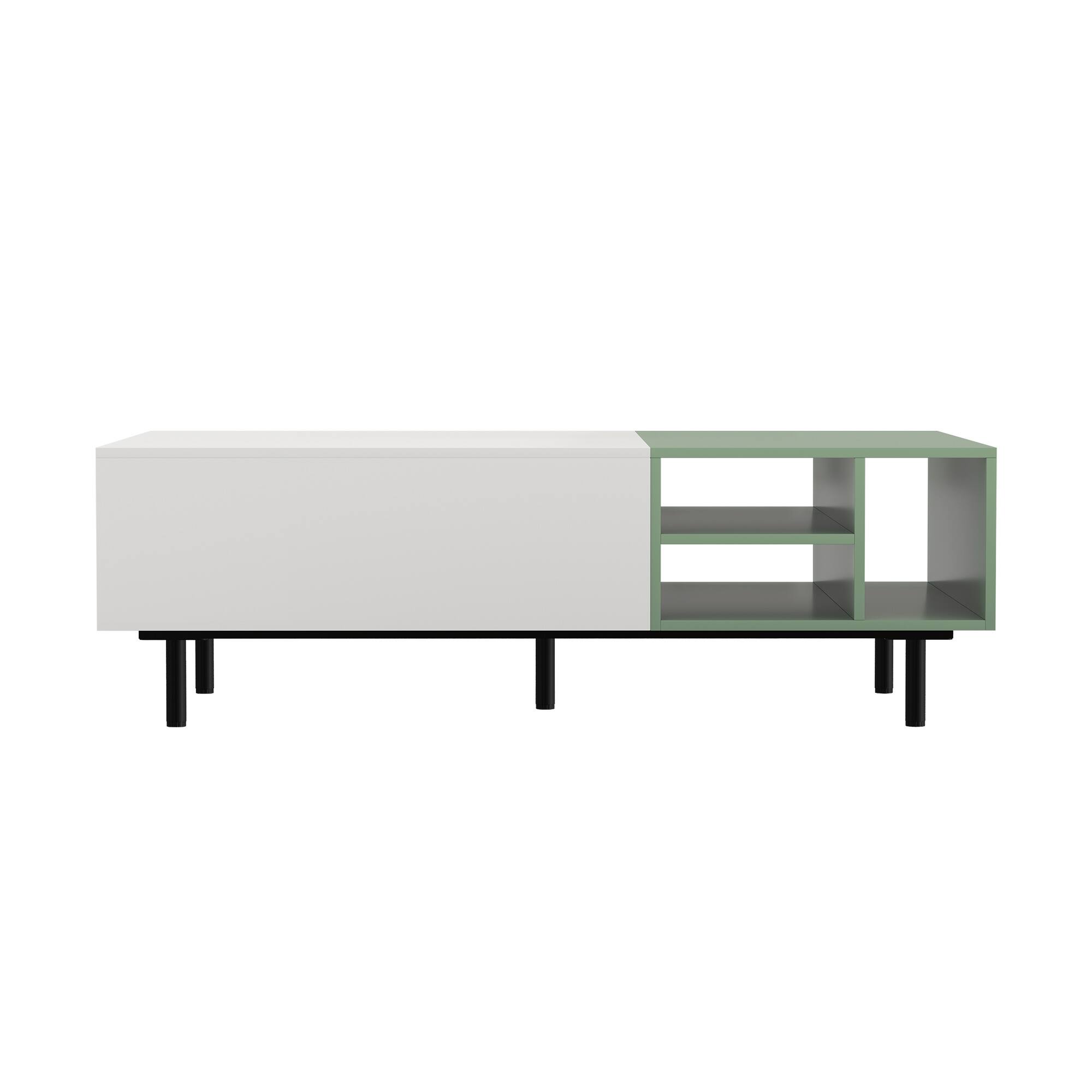 Alt View 4. luck idea - Modern Living Room Coffee Table with 2 Drawers, Two-Tone Design, Open Shelves, Hidden Handle & Metal Legs - Green.