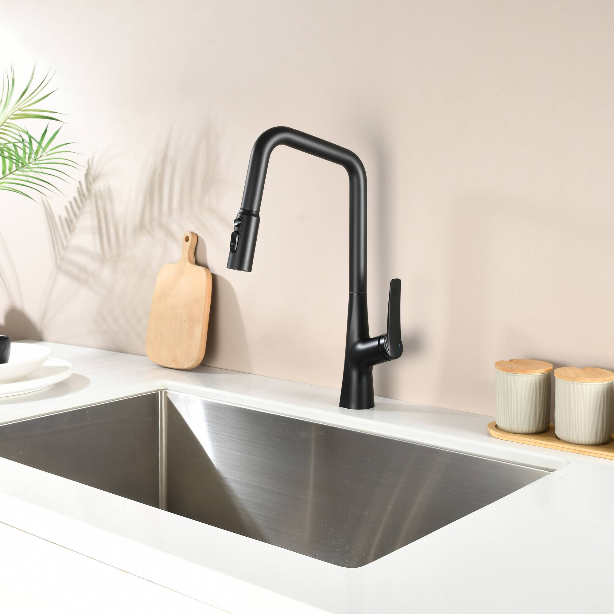 Angle. APRILSOUL - ​​Matte Black Professional Kitchen Faucet 3 Function 360 Sprayer One Touch Switching FastConnect​ - Matte Black.
