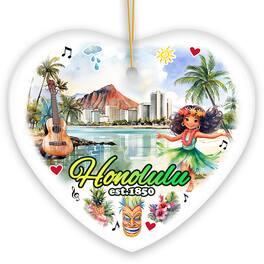 OrnamentallyYou - Artistic Honolulu Hawaii Christmas Ornament Tropical Hawaiian Keepsake and Souvenir Gift Heart - Multi-colored