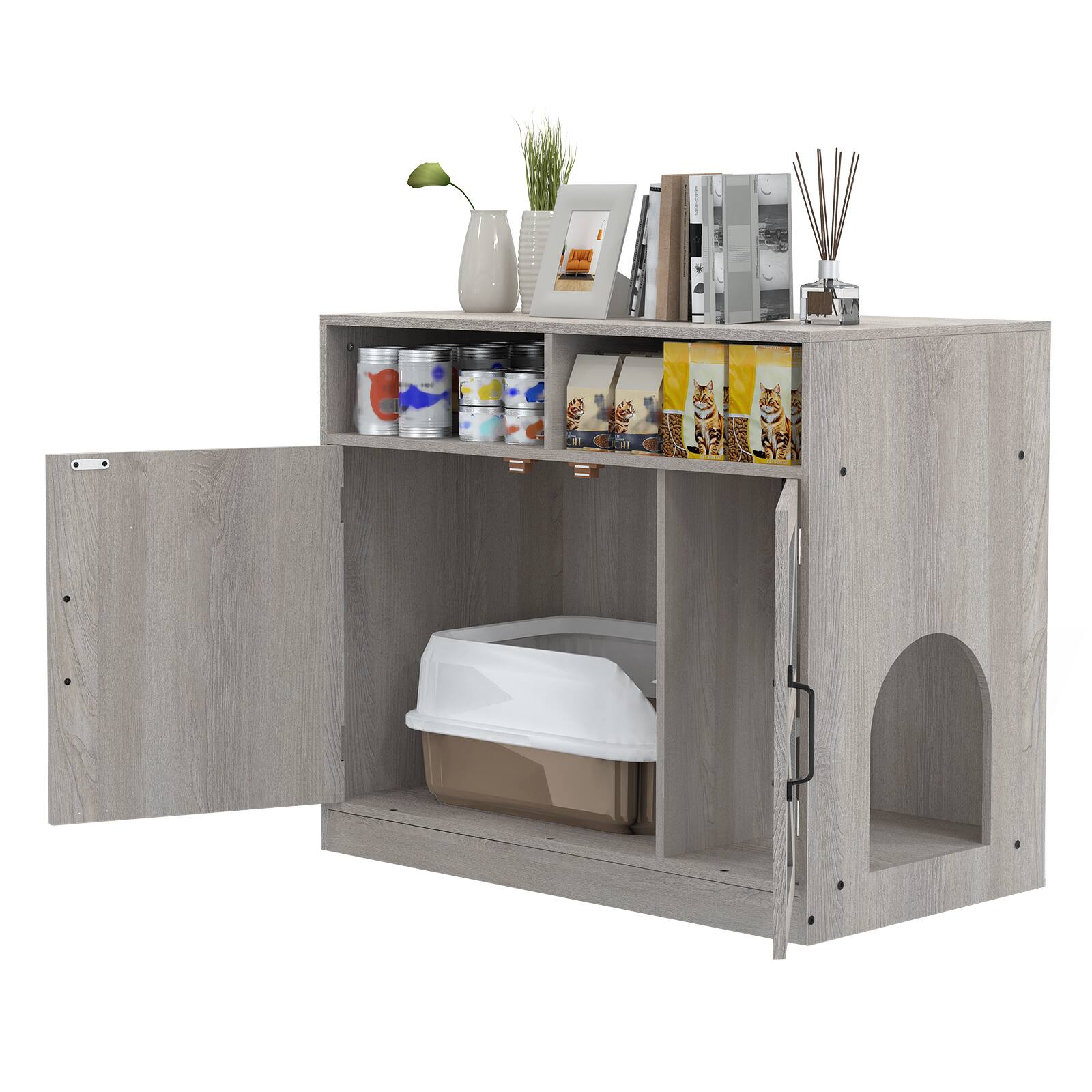 Alt View 1. Oumilen - Grey Cat Litter Box Enclosure with Storage Shelves - Gray.
