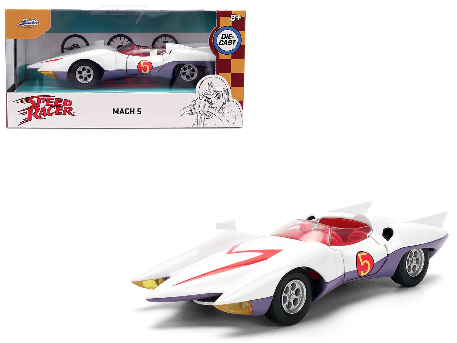 Mach 5 White with Red Stripes and Interior "Speed Racer" (1967) TV Series "Anime Hollywood Rides" 1/32 Model Car by Jada