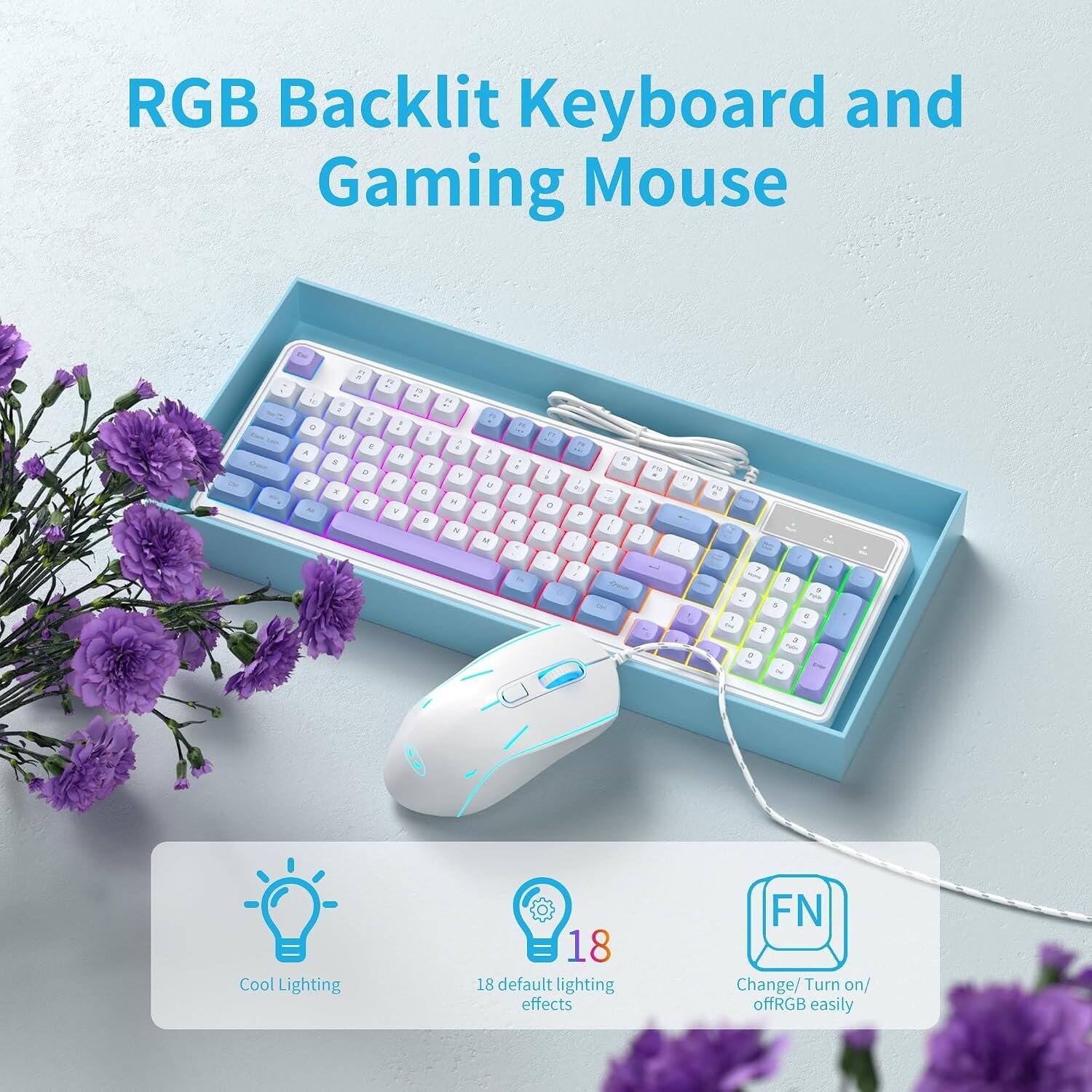 RGB Backlit Keyboard and Gaming Mouse

Cool Lighting
18 default lighting effects
FN Change/ Turn on/ off RGB easily