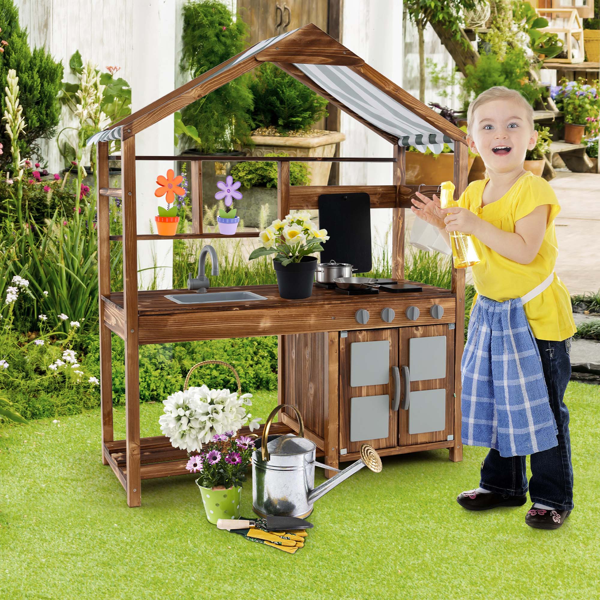 Alt View 1. Costway - Costway Wooden Mud Kitchen with Chalkboard, Stoves, Removable Sink & Accessories - Natural.