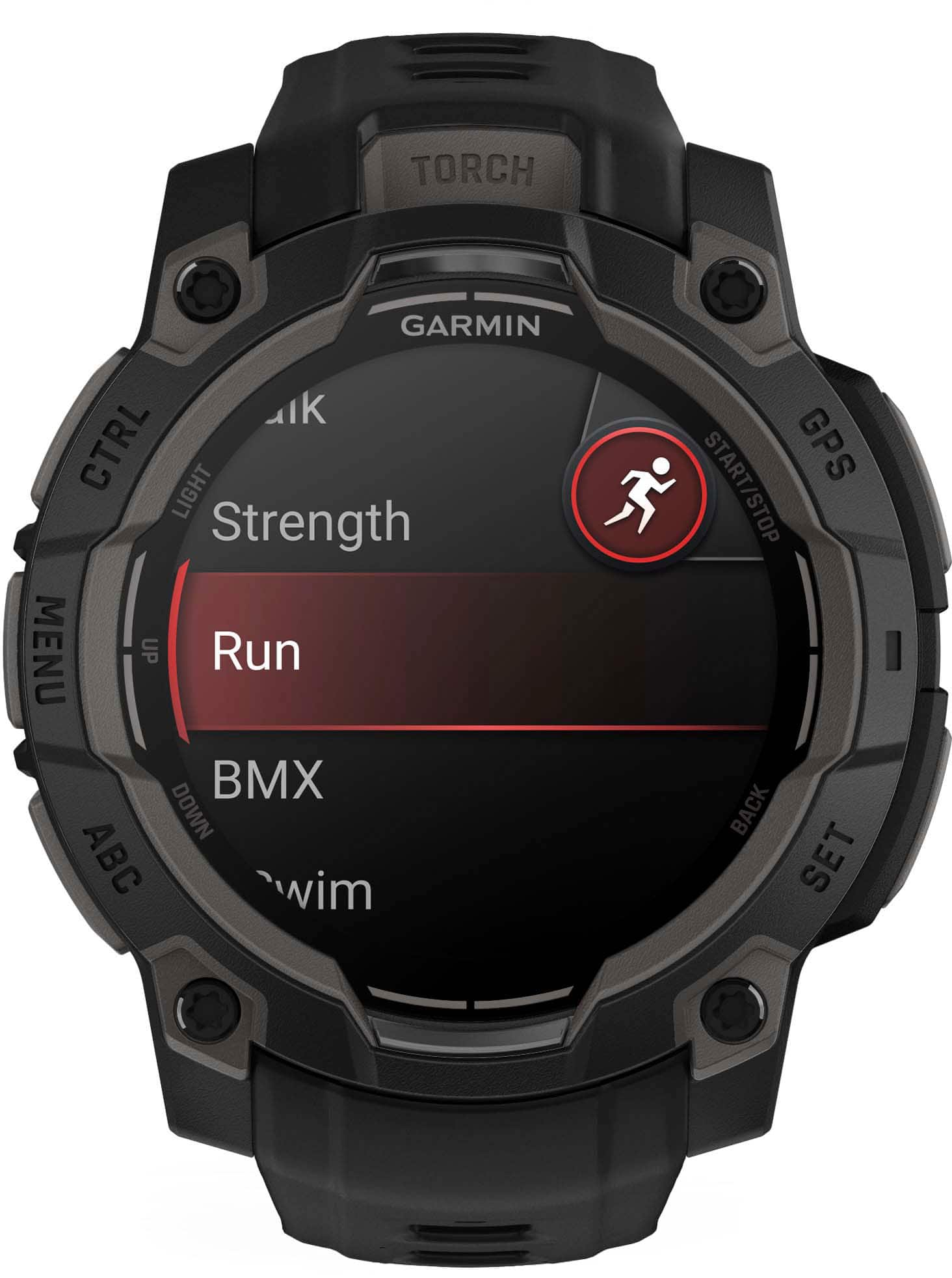 The text on the image is grouped and corrected as follows:
1. Torch Garmin: This is the brand of the watch.
2. Ik: This is the model of the watch.
3. CTRL: This is a button on the watch.
4. Light: This is a feature of the watch.
5. Strength: This is a feature of the watch.
6. Menu: This is a button on the watch.
7. Up: This is a button on the watch.
8. Run: This is a feature of the watch.
9. BMX: This is a feature of the watch.
10. Down: This is a button on the watch.
11. ABC: This is a feature of the watch.
12. Wim: This is a feature of the watch.
13. GPS: This is a feature of the watch.
14. Start/Stop: This is a feature of the watch.
15. Back: This is a button on the watch.
16. Set: This is a button on the watch.