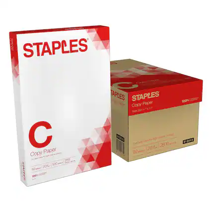 STAPLES
Copy Paper
C
Our best value for high-volume printing.
92 BRIGHT
20 LB
500 SHEETS
100% GUARANTEED
100% RECYCLED
#512215
STAPLES
Copy Paper
TABLOID 11" x 17"
Our best value for high-volume printing.
92 BRIGHT
20 LB
2500 SHEETS
100% GUARANTEED
#512215