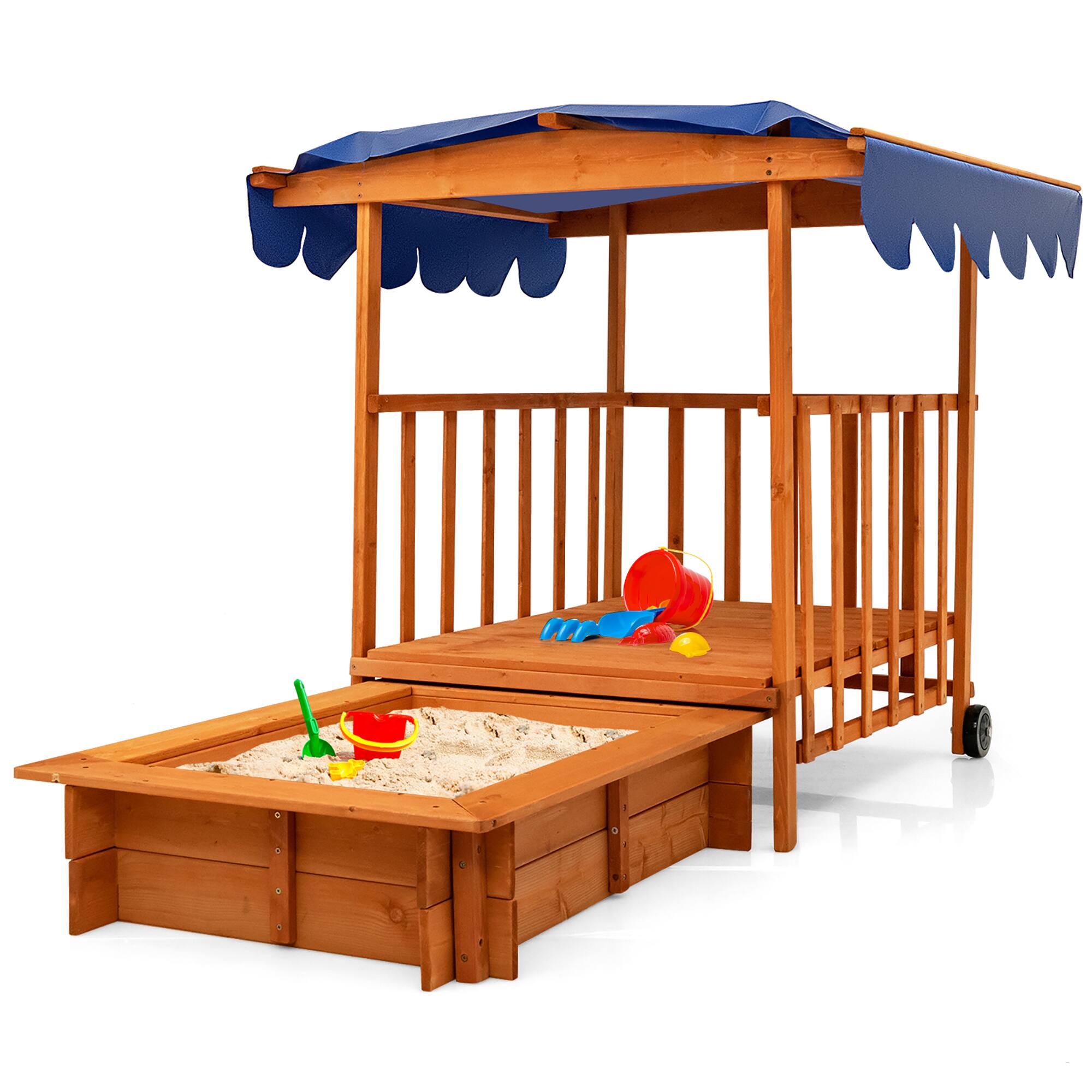 Costway - Wooden Retractable Sandbox with Cover & Built-in Wheels Kids Outdoor Playhouse - Multicolor