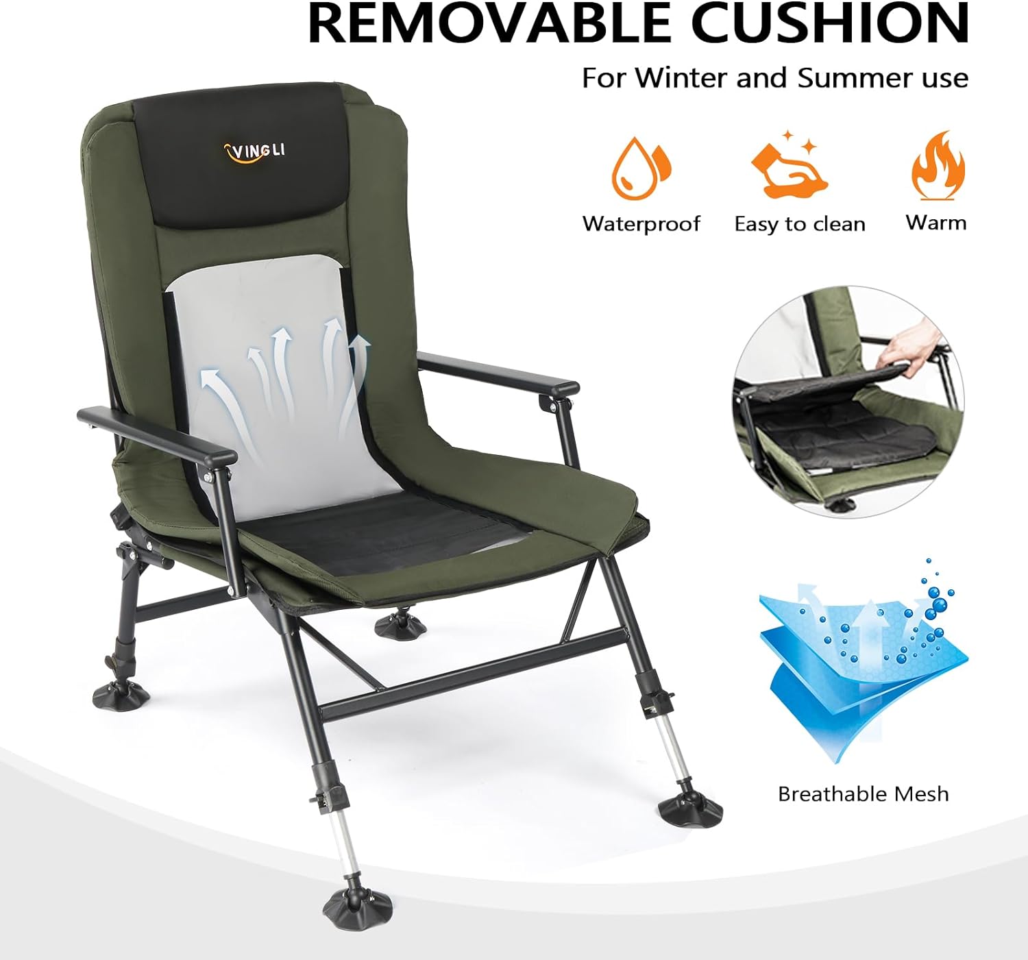 REMOVABLE CUSHION  
For Winter and Summer use

VINGLI  
Waterproof  
Easy to clean  
Warm  
Breathable Mesh