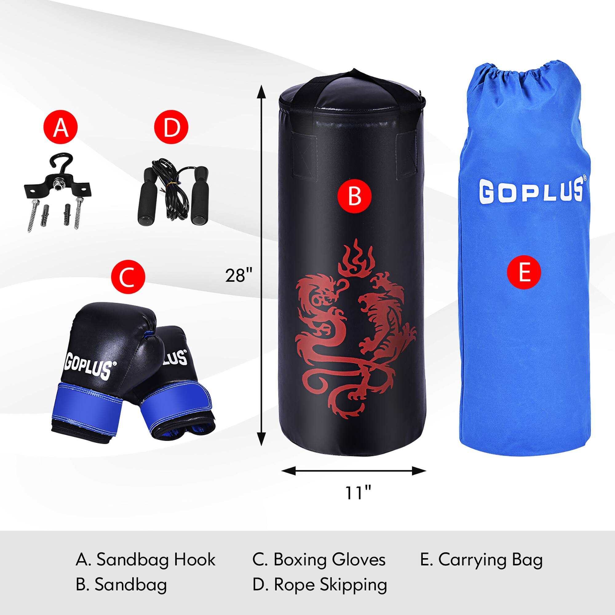 A. Sandbag Hook  
B. Sandbag  
C. Boxing Gloves  
D. Rope Skipping  
E. Carrying Bag