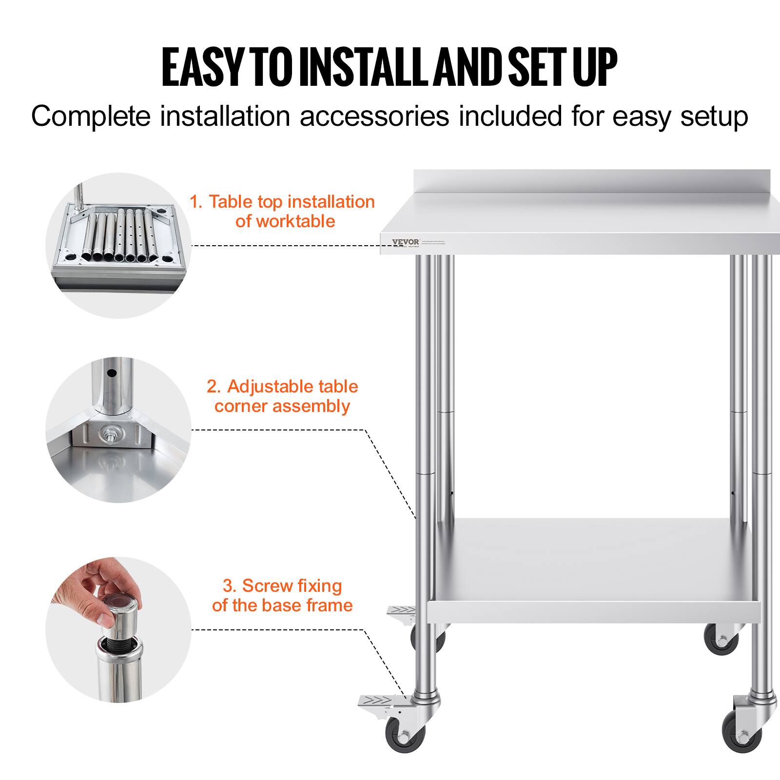 EASY TO INSTALL AND SET UP

Complete installation accessories included for easy setup

1. Table top installation of worktable

2. Adjustable table corner assembly

3. Screw fixing of the base frame