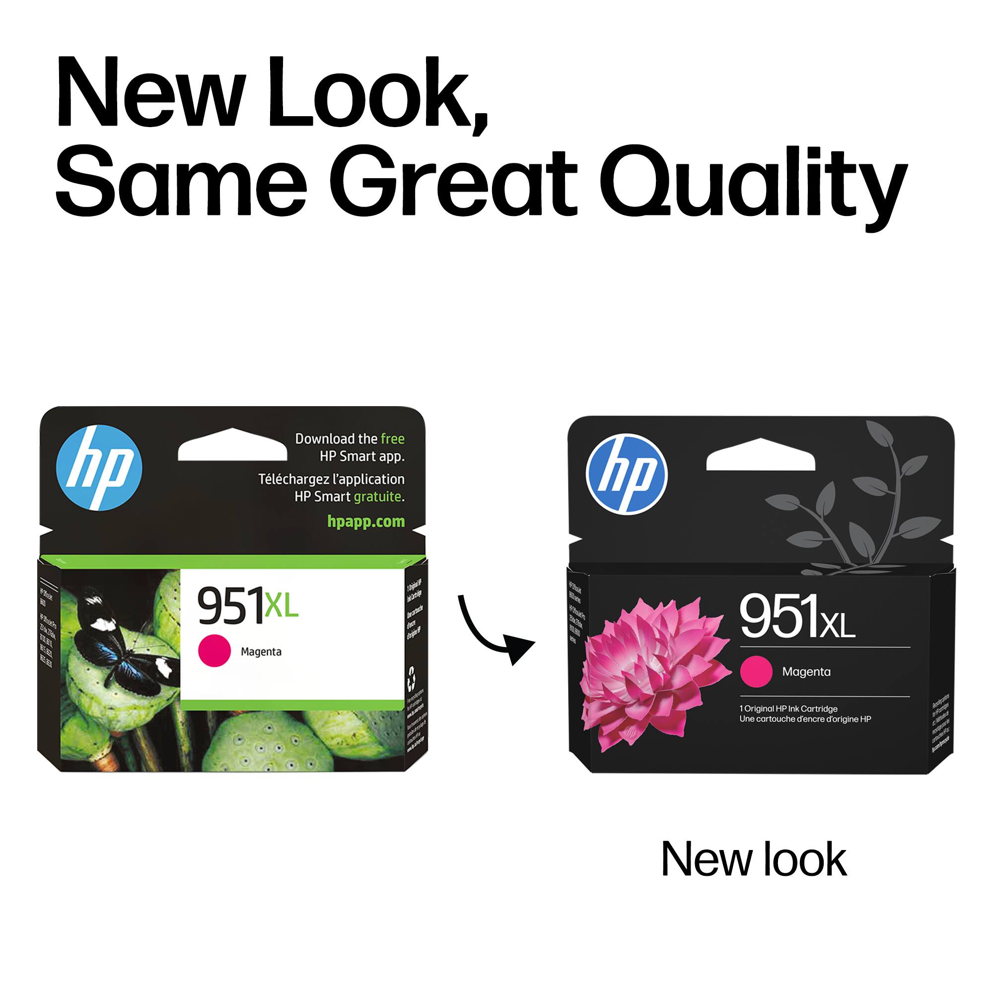 New Look, Same Great Quality

Download the free HP Smart app.  
Téléchargez l'application HP Smart gratuite.  
hpapp.com

951XL Magenta  
1 Original HP Ink Cartridge  
Une cartouche d'encre d'origine HP

New look