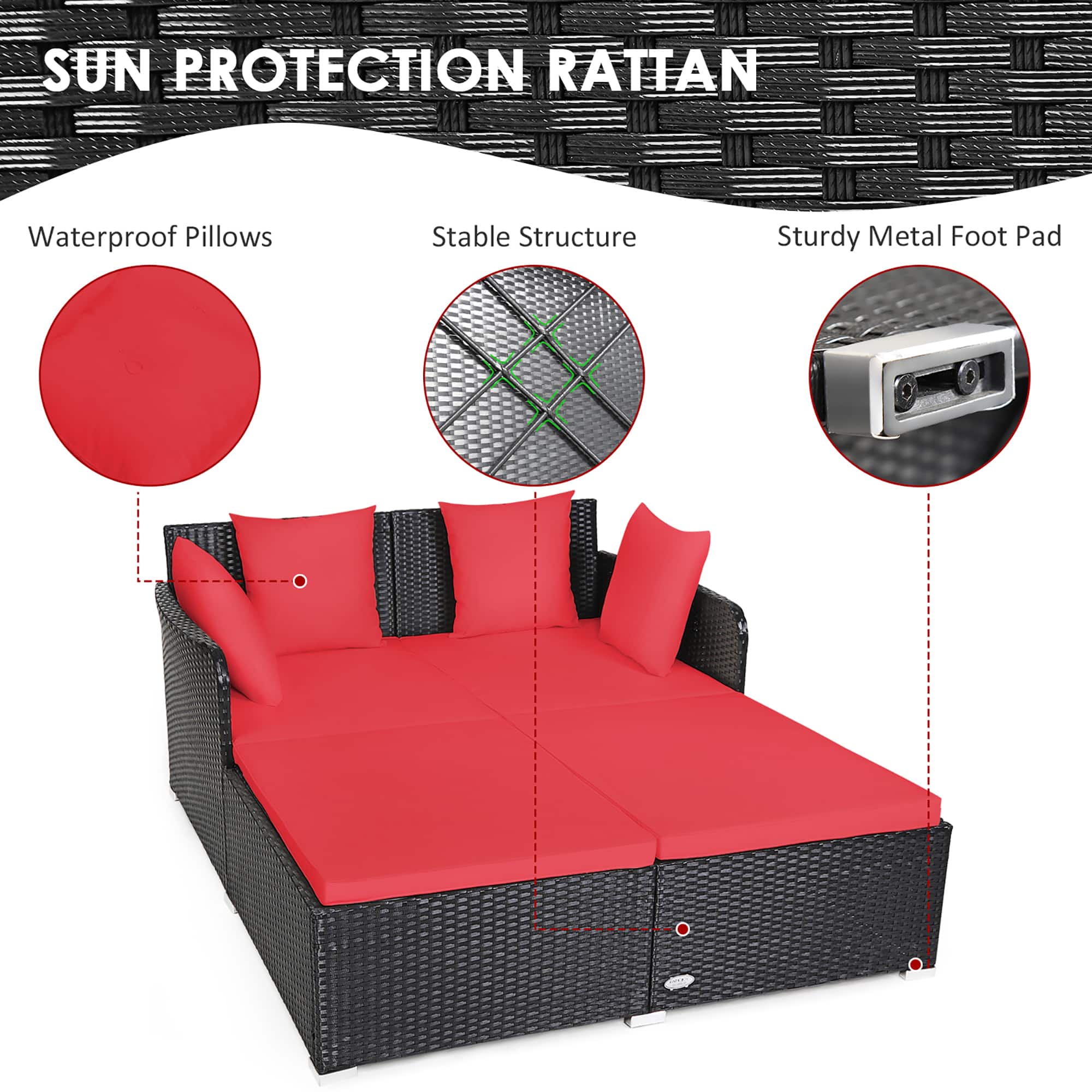 Sun Protection Rattan Waterproof Pillows Stable Structure Sturdy Metal Foot Pad
