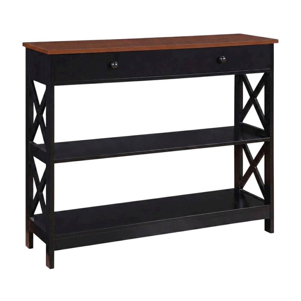 FurniFact - Wooden 1-Drawer Console Table with Shelves and Modern Design - Cherry/Black