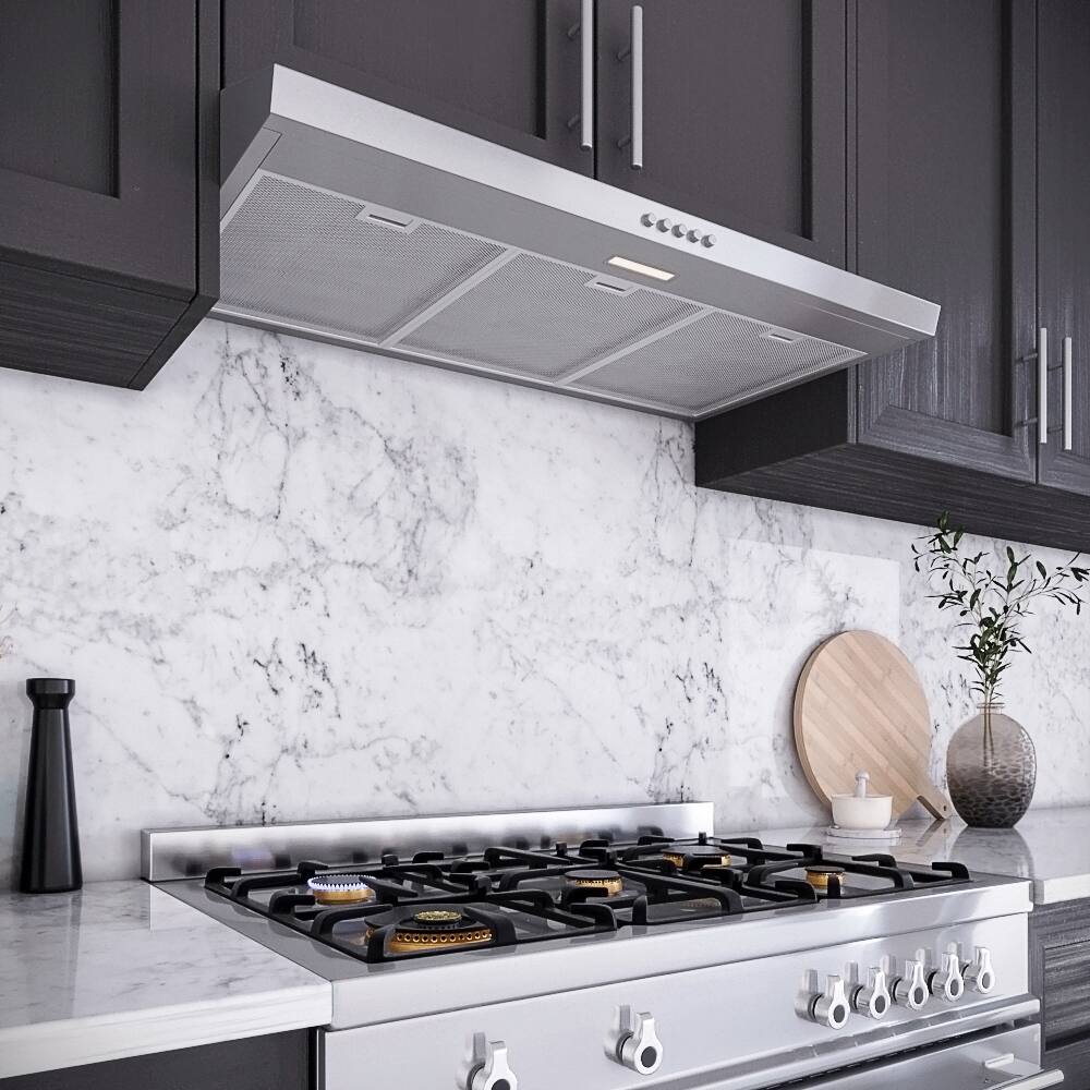 Back. Streamline - 36 in. Longhena Convertible Undermount 80 CFM Range Hood, Mesh Filters, Push Button Control, LED Light - Brushed Stainless Steel.
