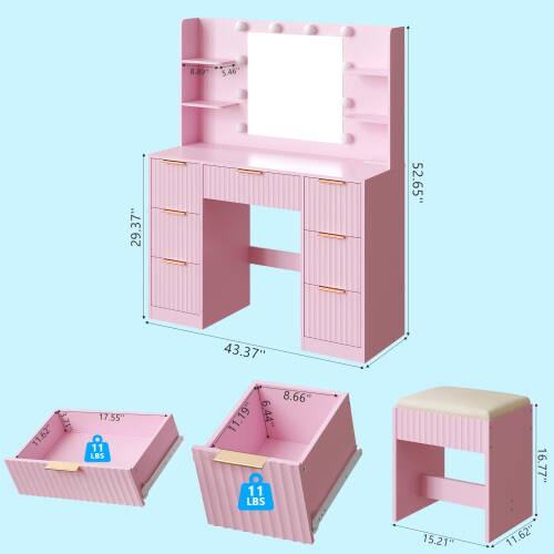 Sure, here is the corrected and grouped text from the image:

- **Main Desk:**
  - Width: 43.37"
  - Depth: 29.37"
  - Height: 52.65"
  - Shelf Height: 5.46"
  - Shelf Depth: 8.89"

- **Drawer:**
  - Width: 17.55"
  - Depth: 11.62"
  - Height: 8.66"
  - Weight: 11 LBS

- **Chair:**
  - Width: 15.21"
  - Depth: 16.77"
  - Height: 11.62"