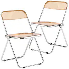 LeisureMod - Lawrence 2-PCS Clear Accent Chair, Folding Acrylic Design with Chrome Frame, Portable Assembled Seating - Amber